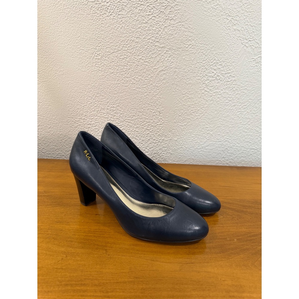Lauren Ralph Lauren Haydn Navy Blue Leather Round Toe Block Heel Pumps 8.5B